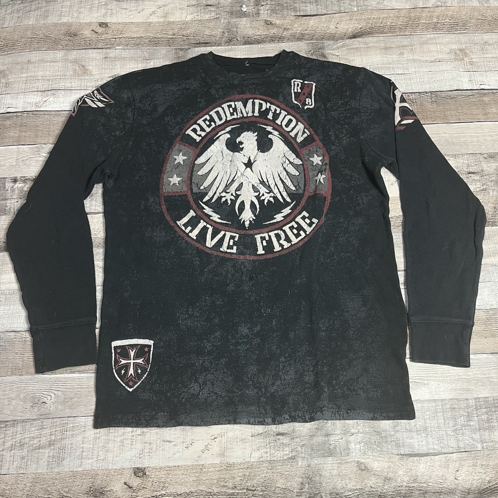 Raw State Thermal Shirt Men's Size 2XL Black Y2K Punk Grunge Felt Eagle